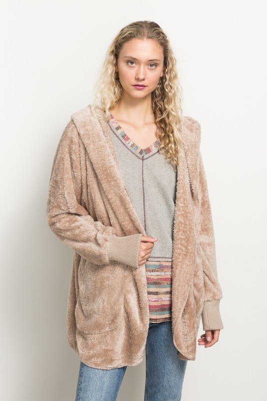 Hem & Thread Fuzzy knit open front, hooded cardigan with pockets L2394 - Taupe Fuzzy - front alt view