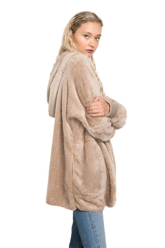 Hem & Thread Fuzzy knit open front, hooded cardigan with pockets L2394 - Taupe Fuzzy - side view