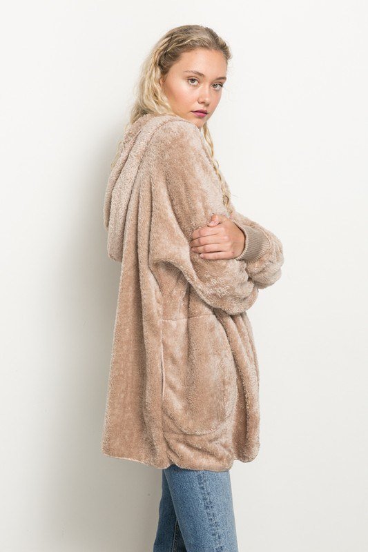Hem & Thread Fuzzy knit open front, hooded cardigan with pockets L2394 - Taupe Fuzzy - side view