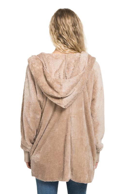 Hem & Thread Fuzzy knit open front, hooded cardigan with pockets L2394 - Taupe Fuzzy - rear view