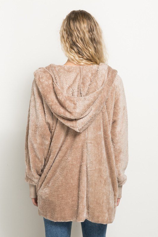 Hem & Thread Fuzzy knit open front, hooded cardigan with pockets L2394 - Taupe Fuzzy - rear view