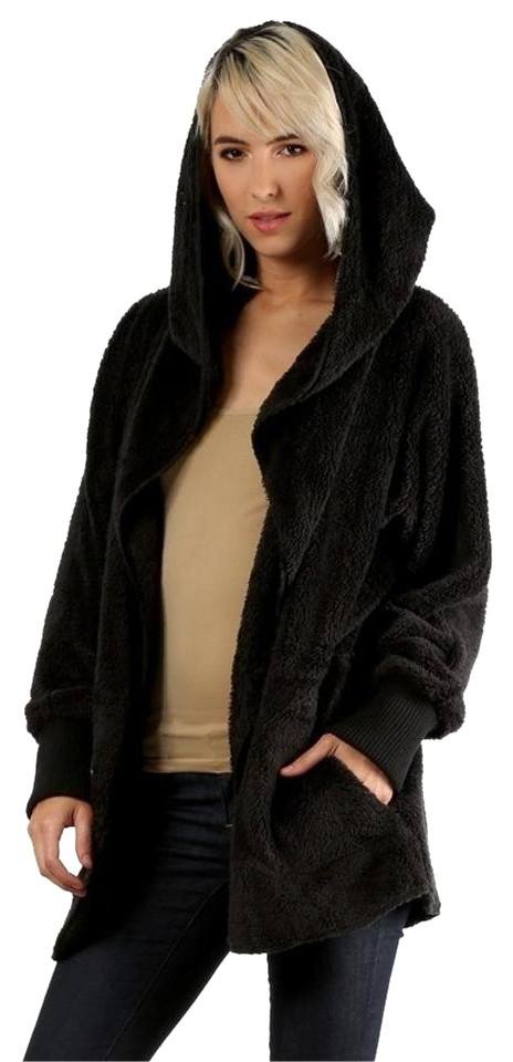 Hem & Thread Fuzzy knit open front, hooded cardigan with pockets L2394 - Black Fuzzy - front view 