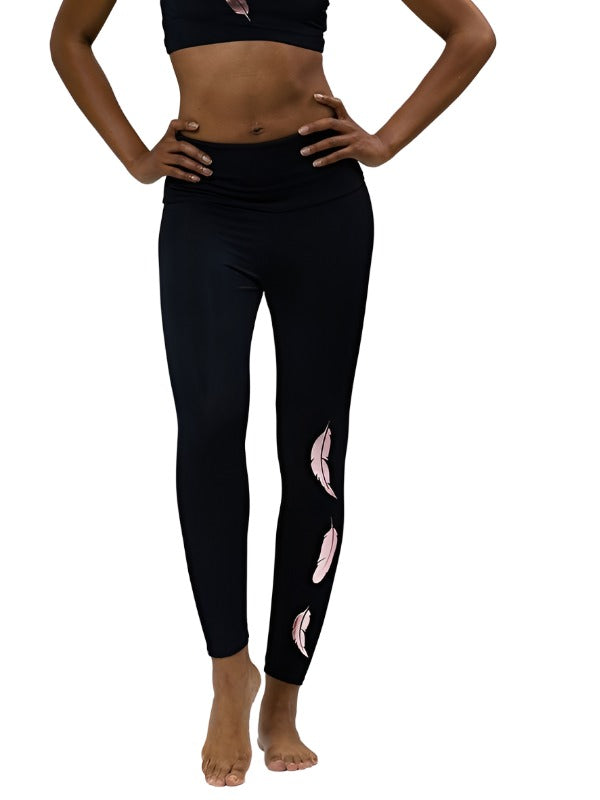 Final Sale Onzie Flow Highrise Basic Capri 2029 - Black/Rose Gold Feathers - front  view