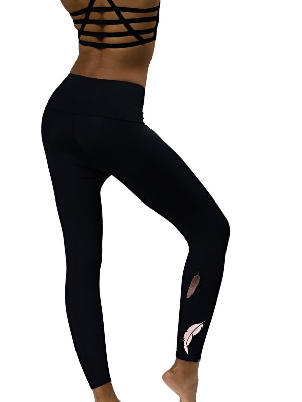 Final Sale Onzie Flow Highrise Basic Capri 2029 - Black/Rose Gold Feathers - rear view  