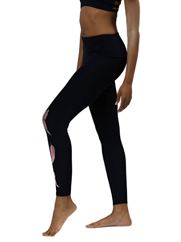  Final Sale Onzie Flow Highrise Basic Capri 2029 - Black/Rose Gold Feathers - side view