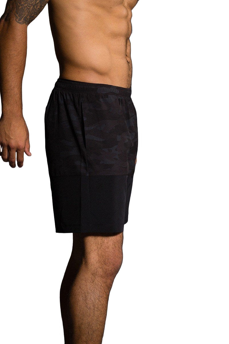 Onzie Hot Yoga Mens Board Shorts 503 - Black Camo - side view