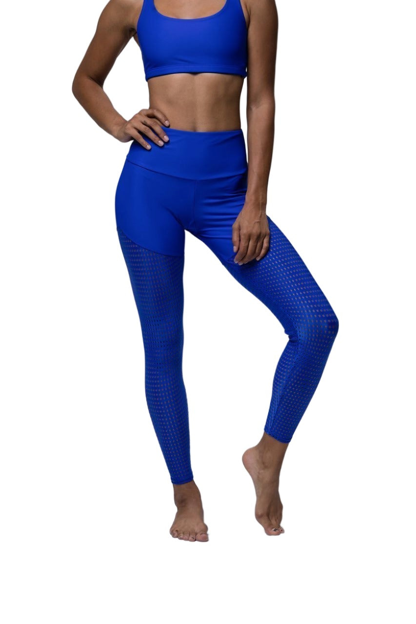 Onzie Flow Half Half Legging 2049 - Royal Blue Peep Mesh - Front View