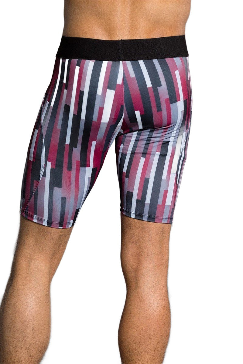 Onzie Hot Yoga Mens Fitted Shorts 508 - Linear Geometric - rear view