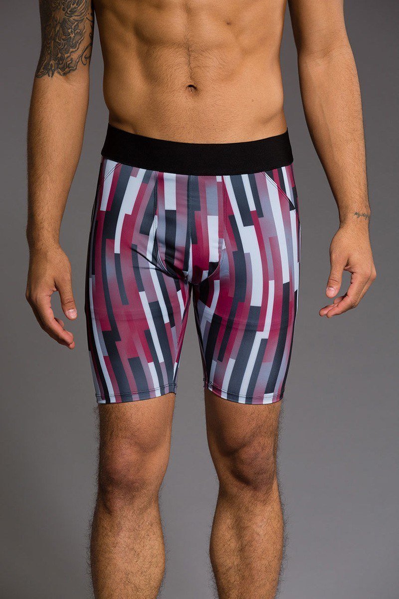 Onzie Hot Yoga Mens Fitted Shorts 508 - Linear Geometric - front view
