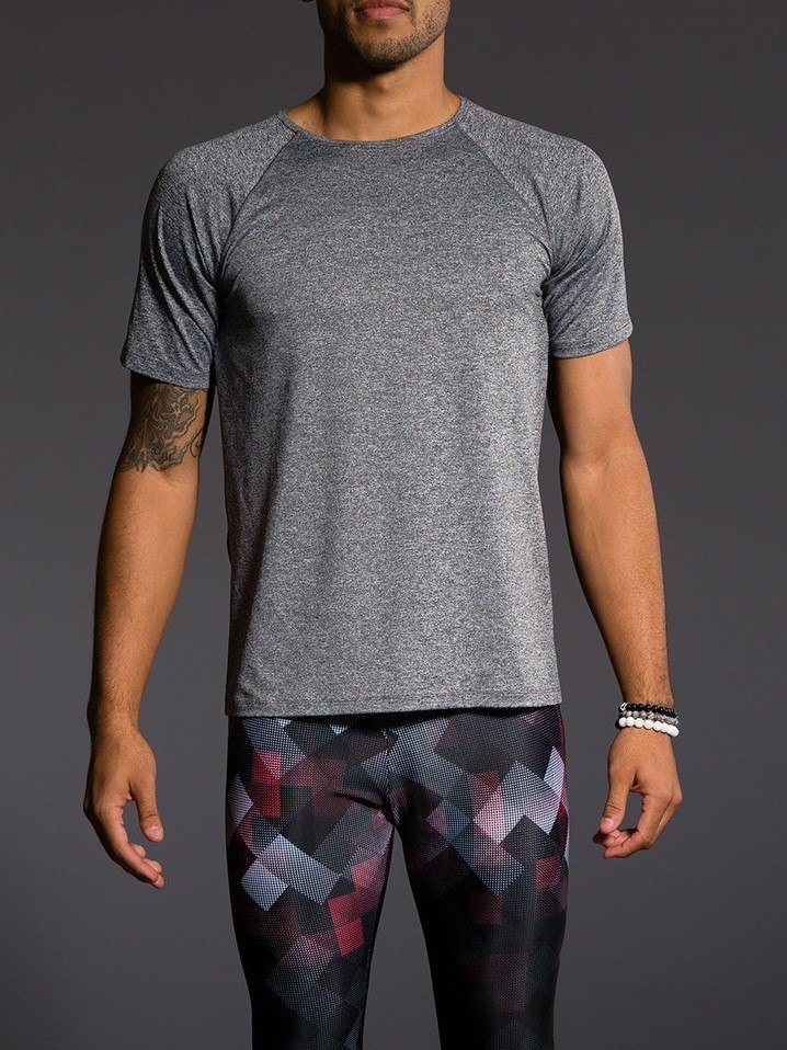 Onzie Hot Yoga Mens Raglan Short Sleeve top 701 - Grey - front alt view