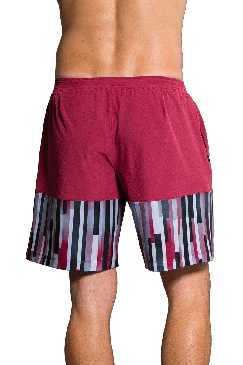 Onzie Hot Yoga Mens Board Shorts 503 - Crimson/ Linear Geometric - rear view