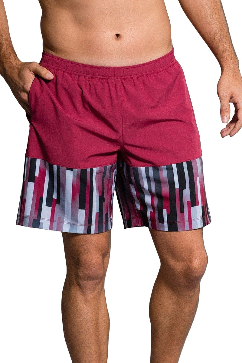 Onzie Hot Yoga Mens Board Shorts 503 - Crimson/ Linear Geometric - front view