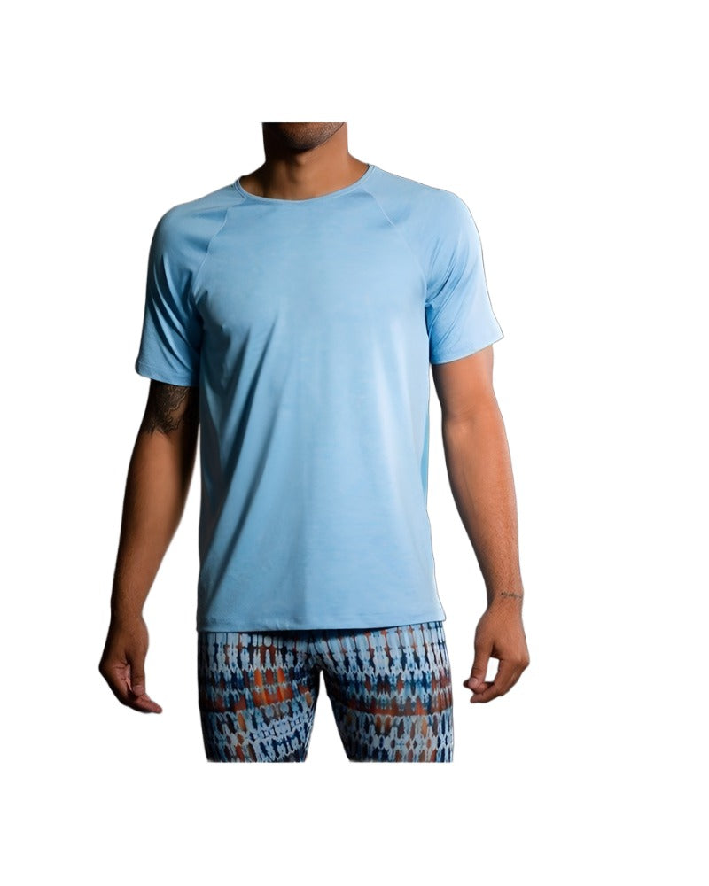 Onzie Hot Yoga Mens Raglan Short Sleeve top 701 - Mykonos - front view