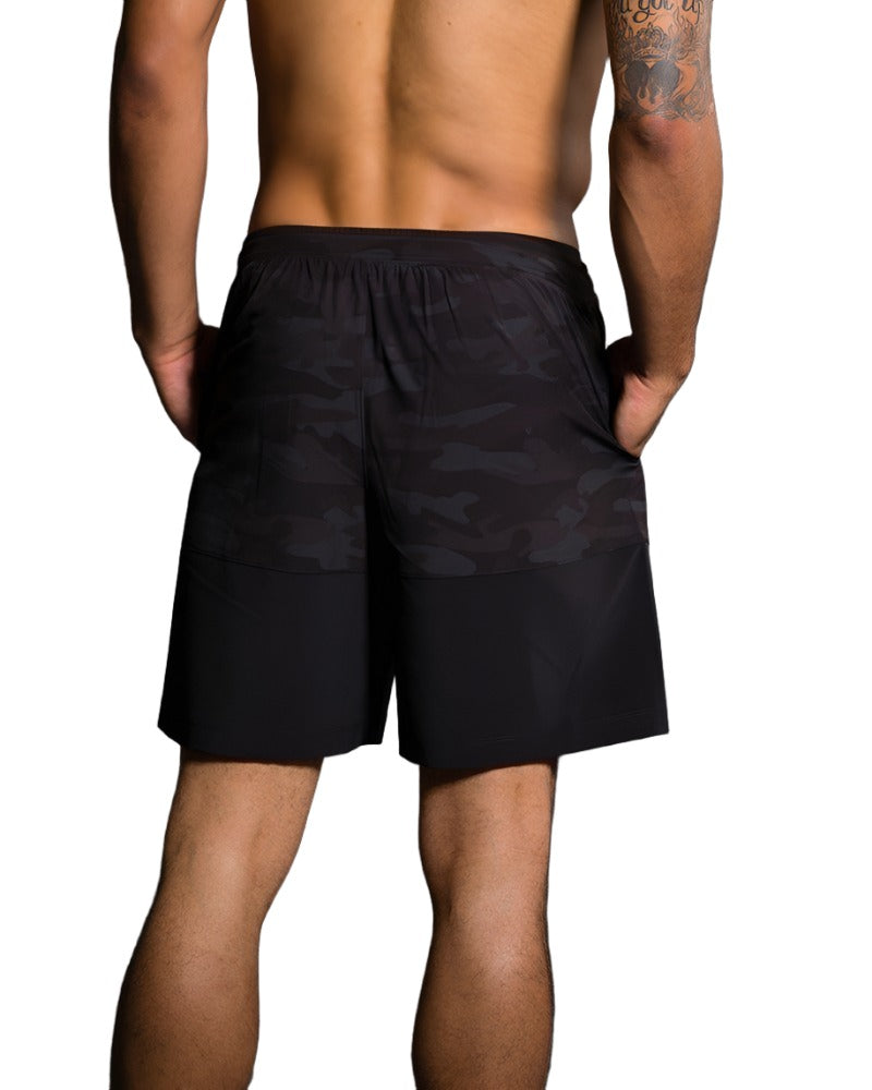 Onzie Hot Yoga Mens Board Shorts 503 - Black Camo - rear view