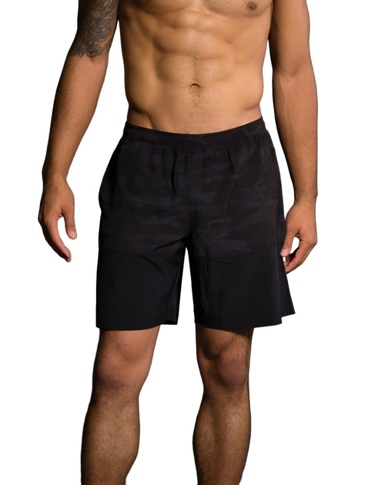 Onzie Hot Yoga Mens Board Shorts 503 - Black Camo - front alt view