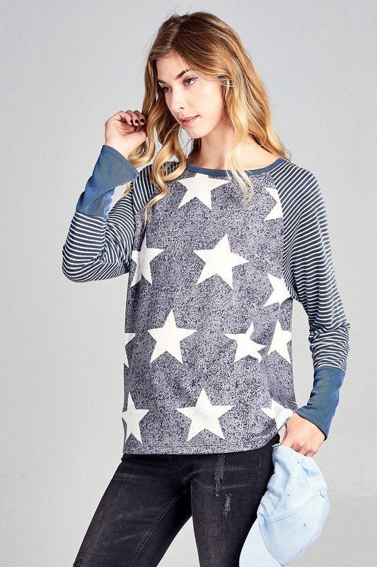 Oddi Star Print Top With Stripped Sleeve T61899 - Denim - front view
