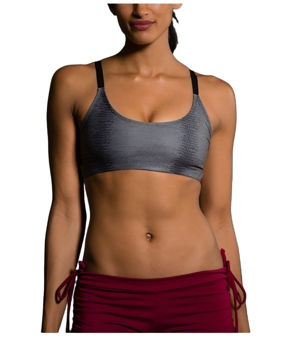 Onzie Hot Yoga Elastic Cage Bra Top 316 - Charcoal Snake - front view