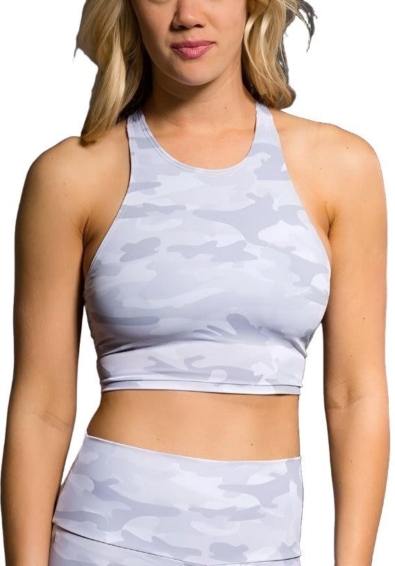 Onzie Peek-a-boo Racer Yoga Crop Top 3024 - Grey Camo - front view
