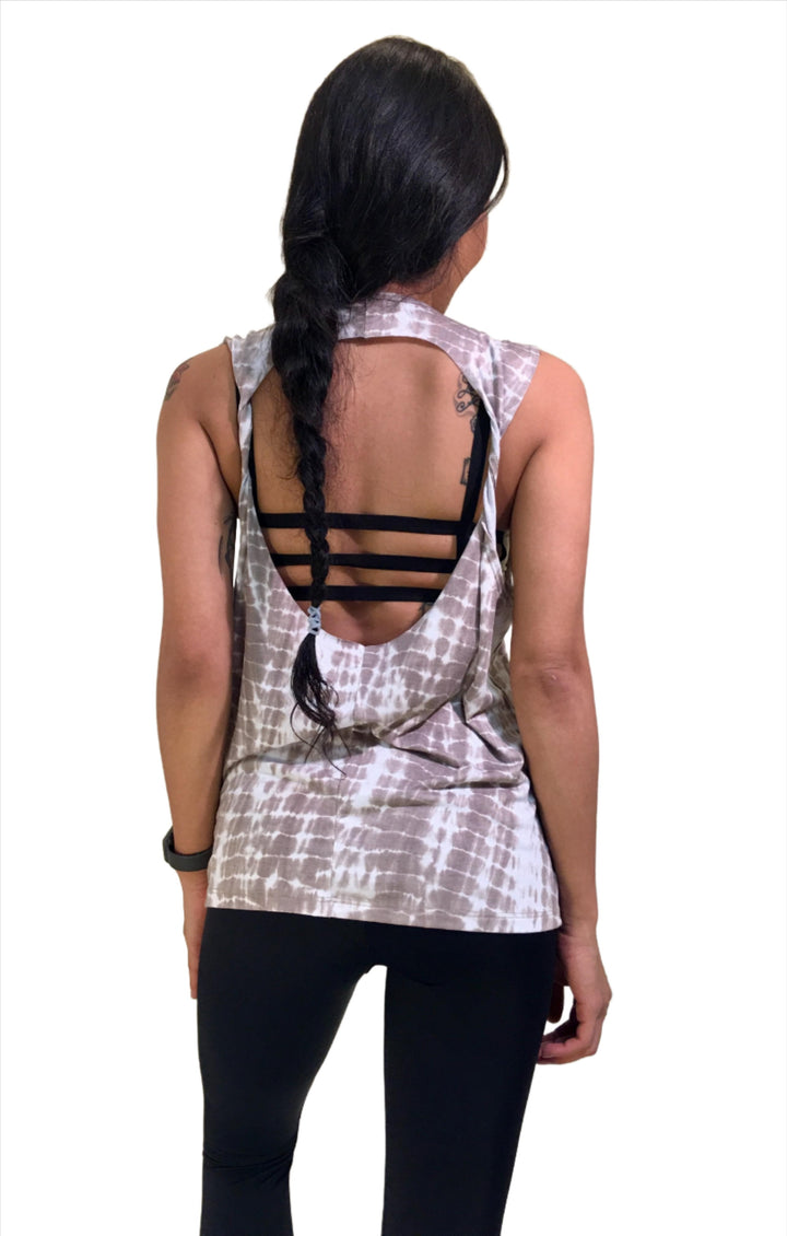 Onzie Hot Yoga Twist Back Top 3602 - Tan Tie Dye - rear view