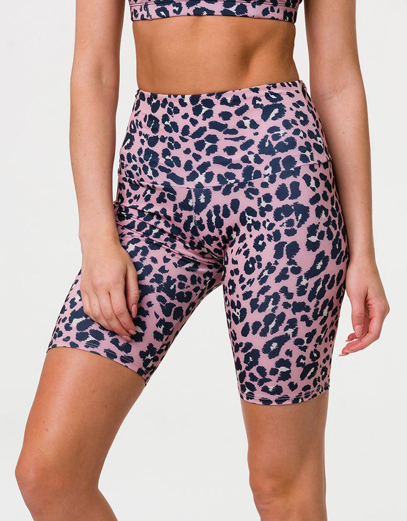Onzie High Rise Bike Shorts 2225 - Rose Leopard - front view