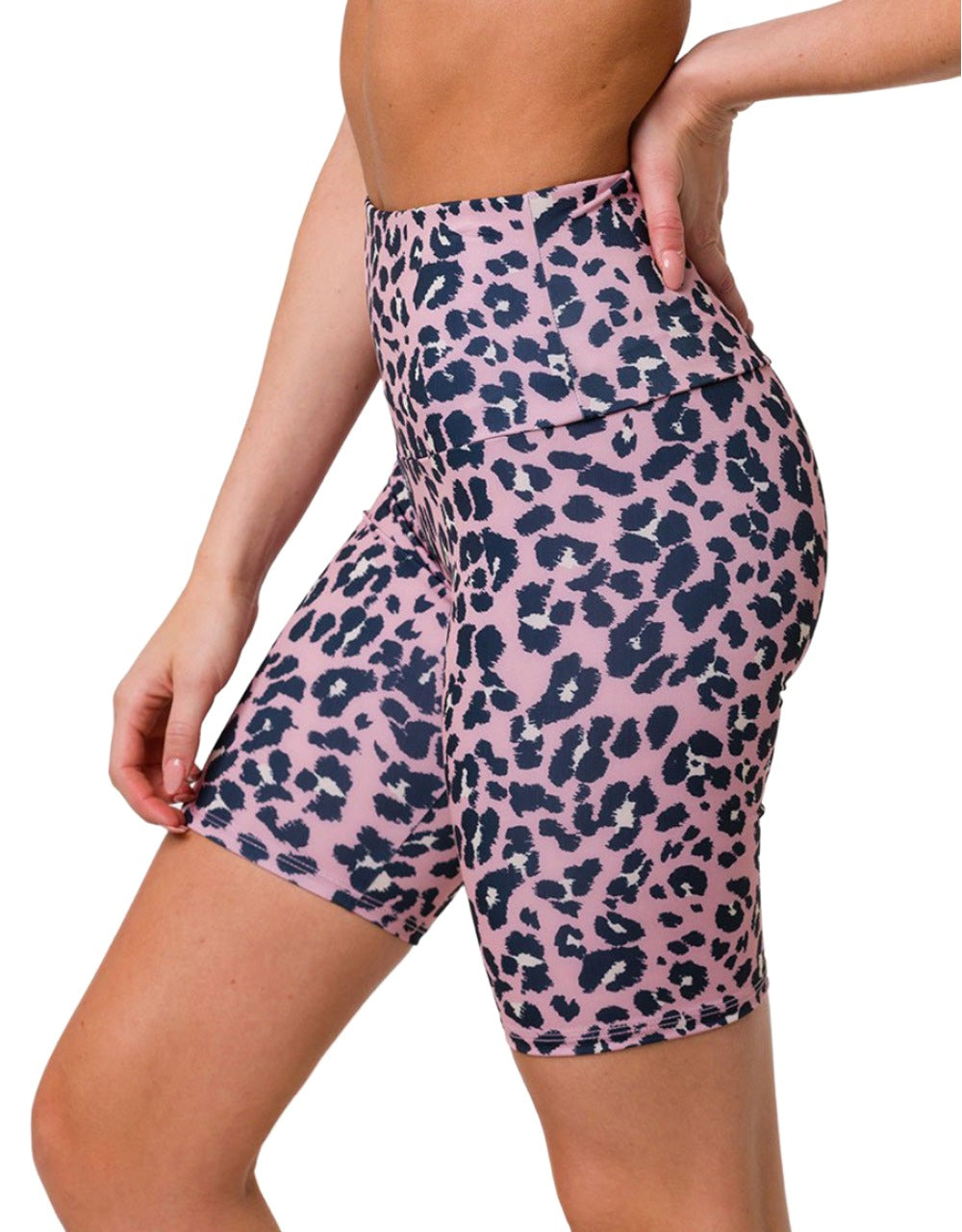 Onzie High Rise Bike Shorts 2225 - Rose Leopard - side view