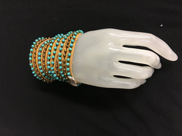 Bali Queen Five Strand Leather Wrap Bracelet Tan/Turquoise