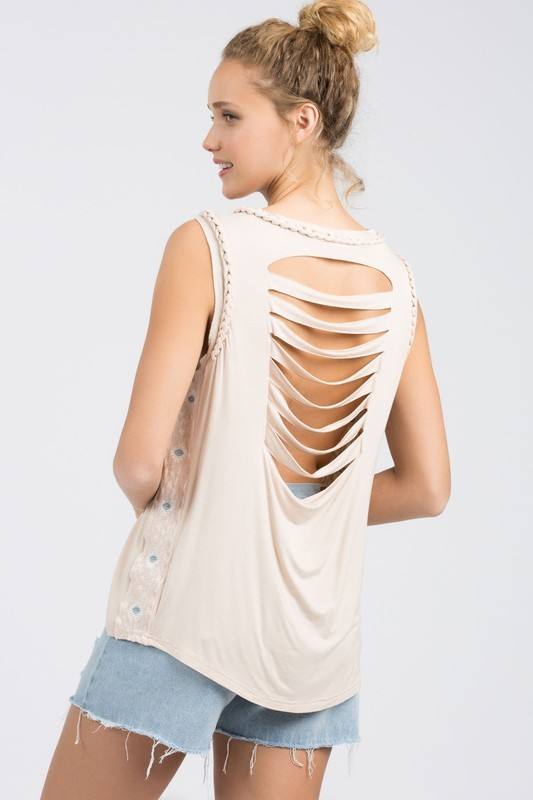 POL Braided Laser Cut Embroidered Top TKT37 - Almond - rear view