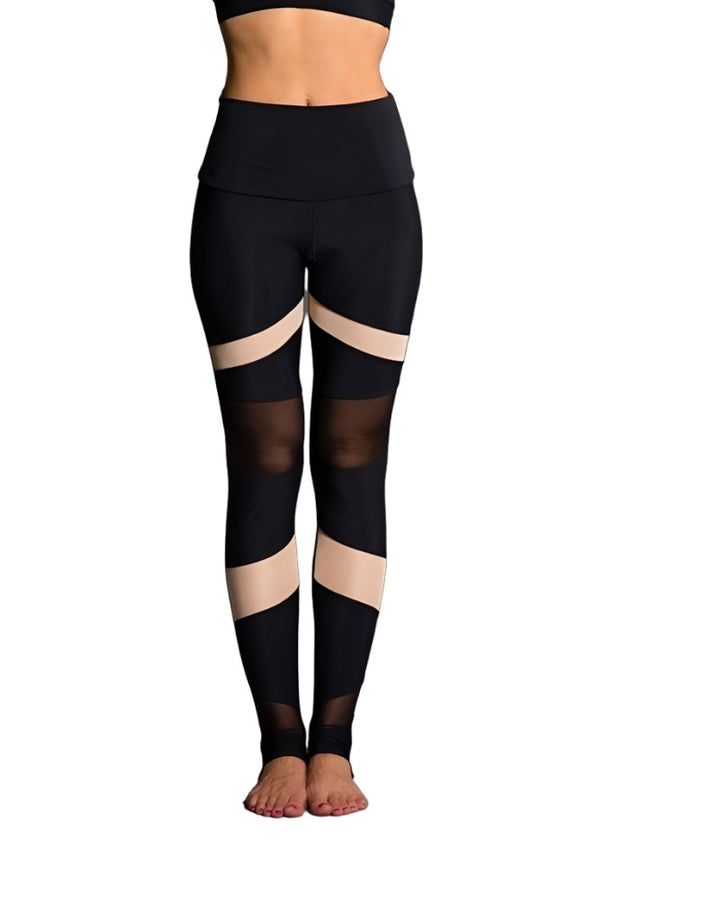 Onzie Hot Yoga High Rise Bondage Legging 280 - Black/Nude Mesh - front view