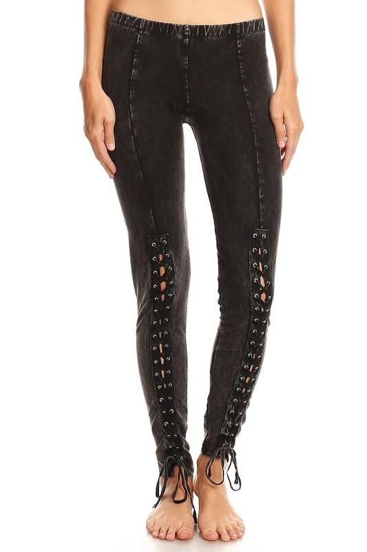 T-Party Mineral Wash Lace Up Legging CJ74256  - Black - front view