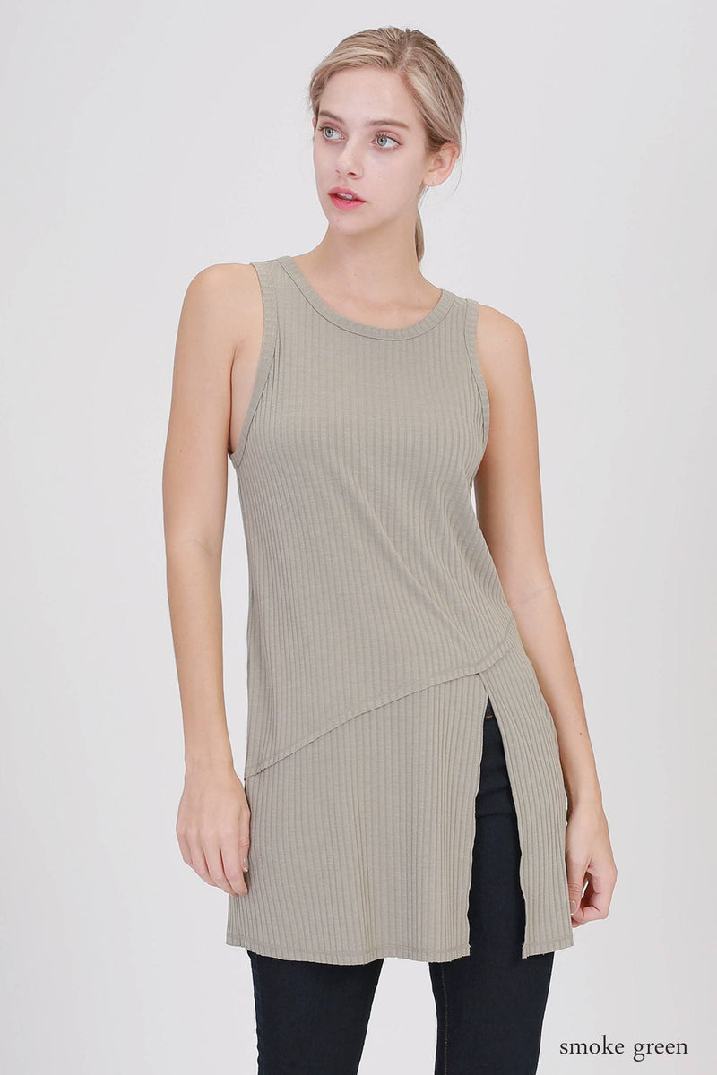 Double Zero Ribbed Tunic D17H199 - Smoke Green - front view 