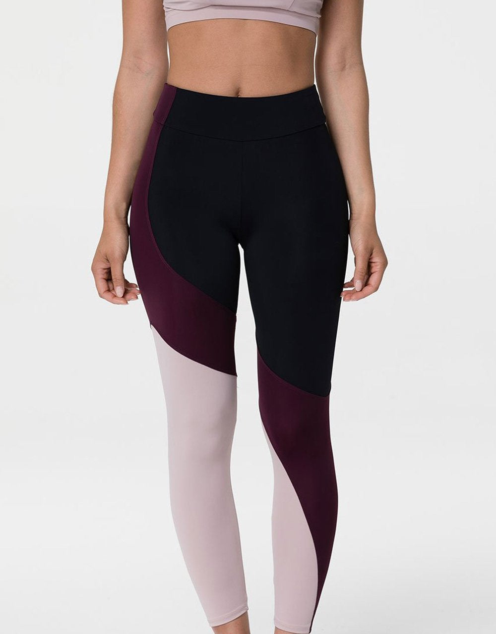 Onzie Asymmetrical Block Legging 2241 - Blk/Wt/Rosewood - front view
