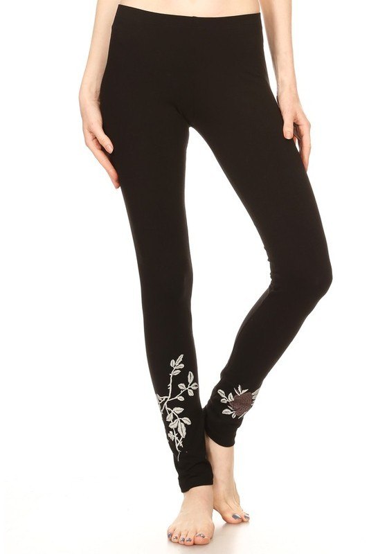 T-Party Flower Embroidery Legging CJ74061 - Black - front view