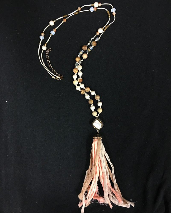 BoHo glam Silk Tassel Bohemian Necklace - Peach