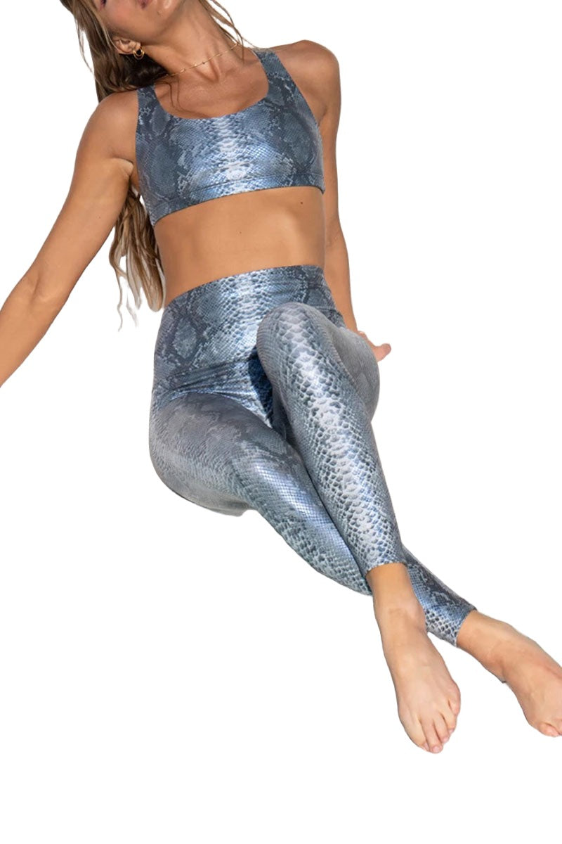 Onzie Hot Yoga High Rise Foil Midi 2252 Blue Mamba - front view