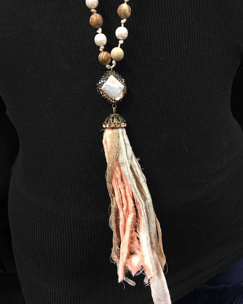 BoHo glam Silk Tassel Bohemian Necklace - Peach