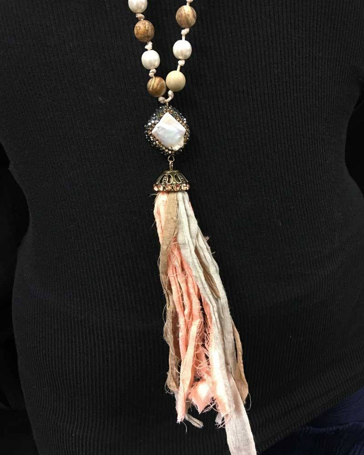 BoHo glam Silk Tassel Bohemian Necklace - Peach