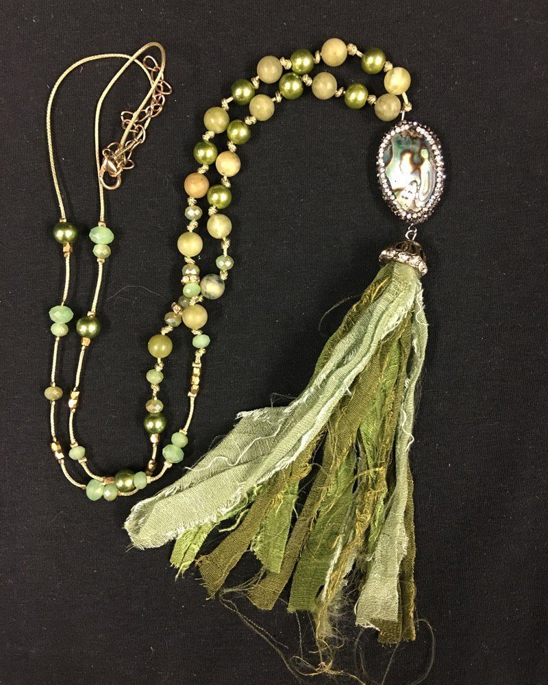 Shabby Chic Abalone Fabric Tassel Necklace - Green