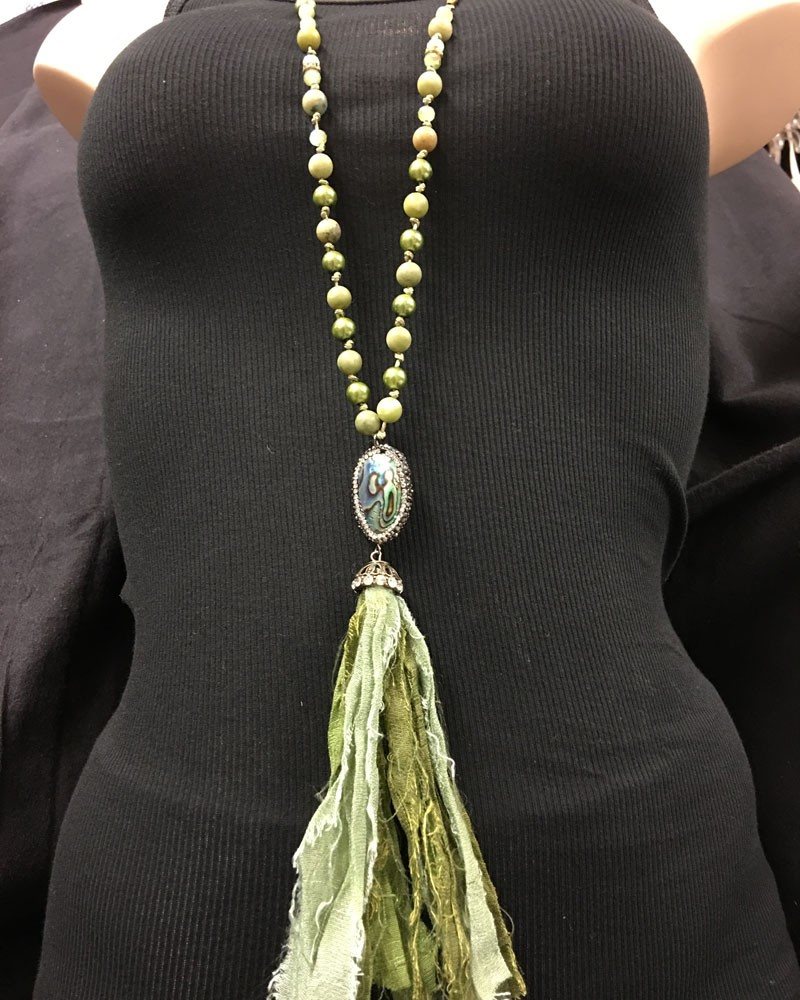 Shabby Chic Abalone Fabric Tassel Necklace - Green