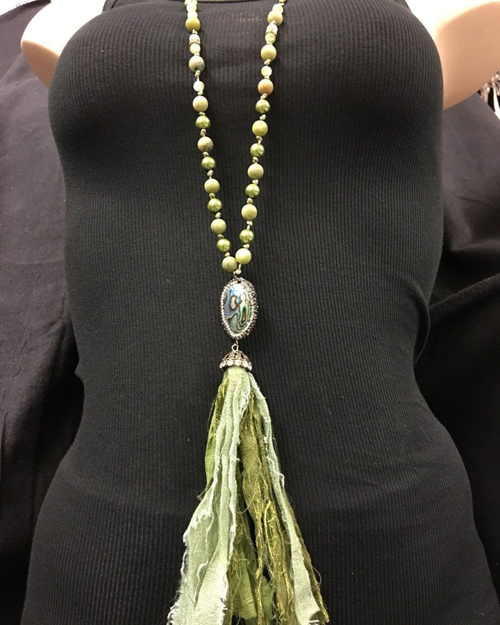 Shabby Chic Abalone Fabric Tassel Necklace - Green
