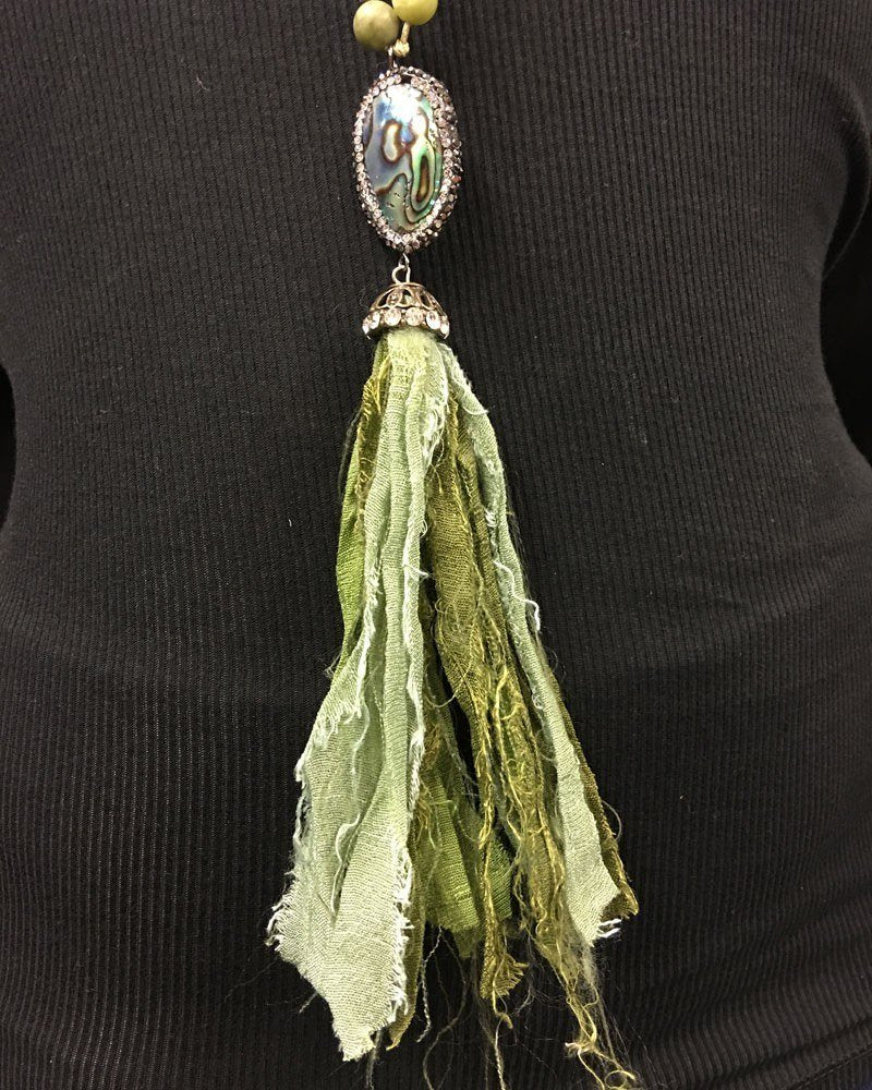 Shabby Chic Abalone Fabric Tassel Necklace - Green