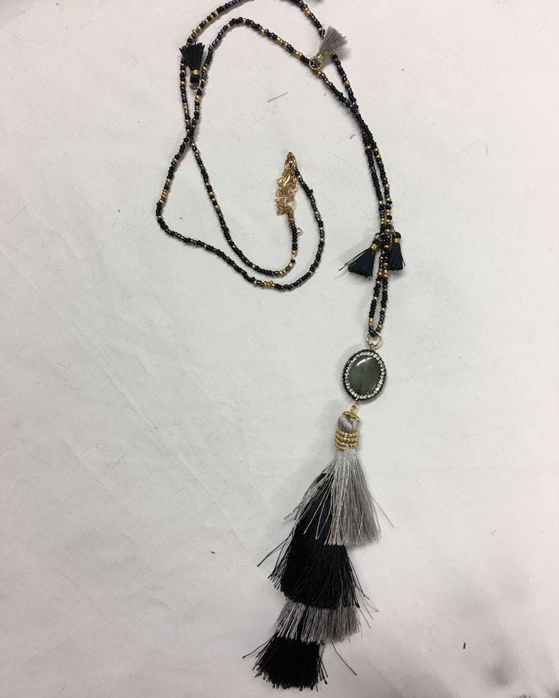 Hand Strung beaded Tassel Necklace - Black