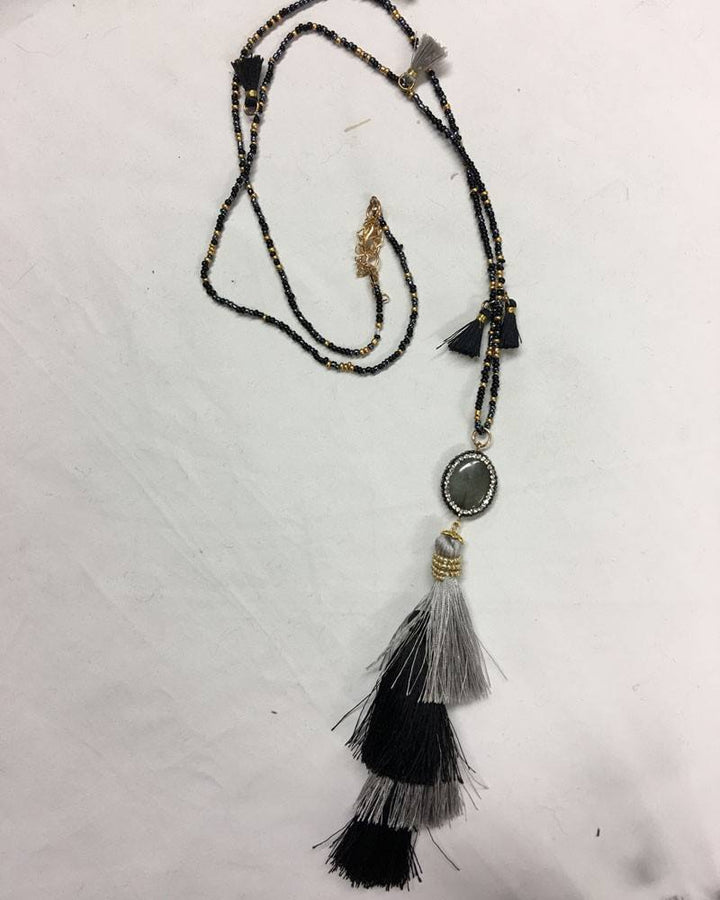 Hand Strung beaded Tassel Necklace - Black