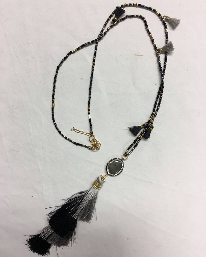 Hand Strung beaded Tassel Necklace - Black