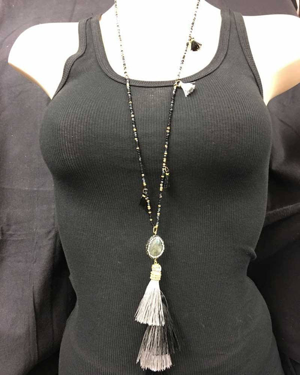 Hand Strung beaded Tassel Necklace - Black