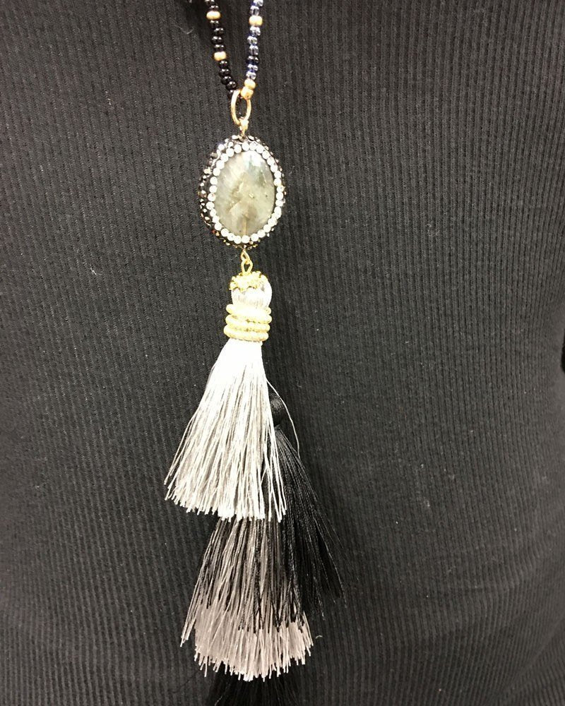 Hand Strung beaded Tassel Necklace - Black