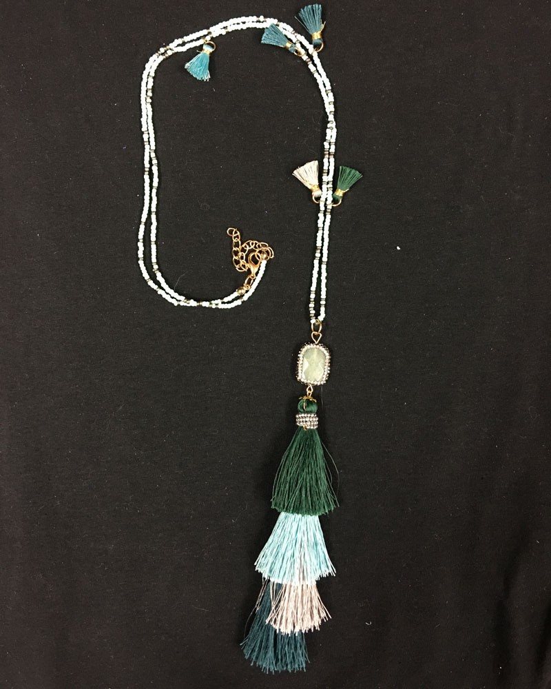 Hand Strung Beaded 4 Tier Tassel Necklace - Green