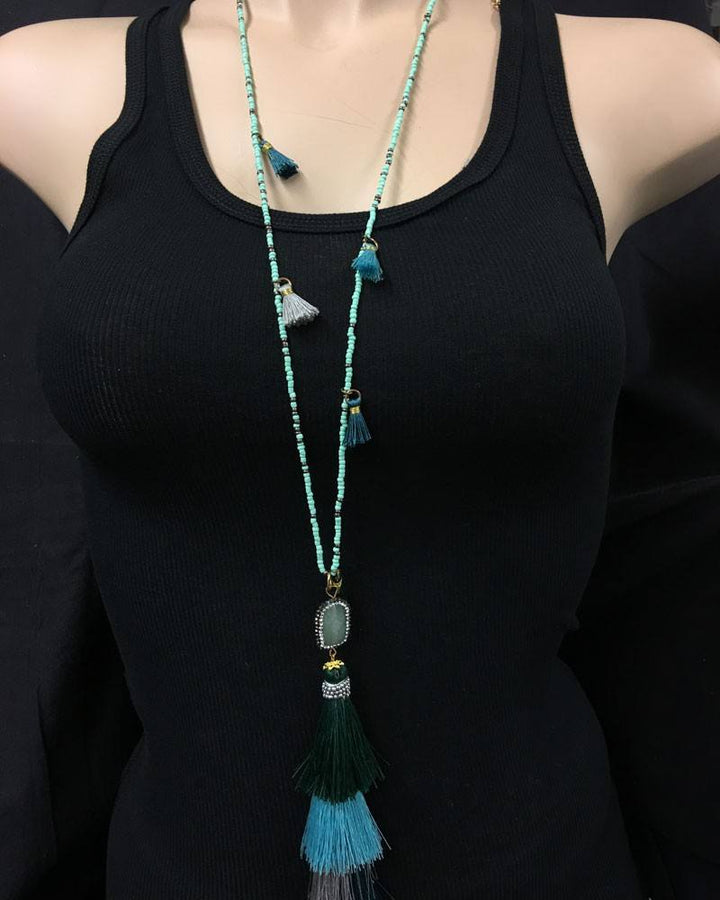 Hand Strung Beaded 4 Tier Tassel Necklace - Green