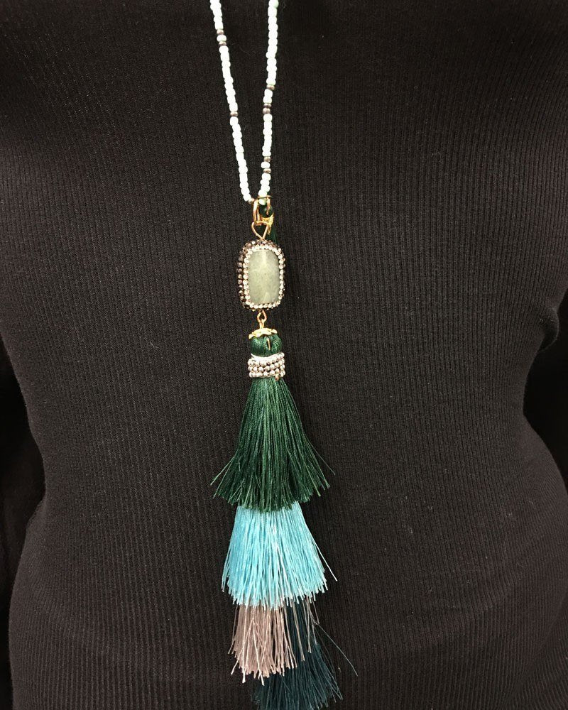 Hand Strung Beaded 4 Tier Tassel Necklace - Green