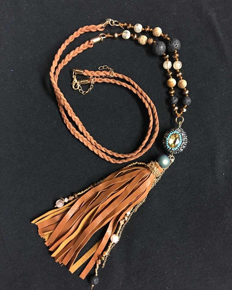 Braided Volcanic Tassel Necklace - Brown