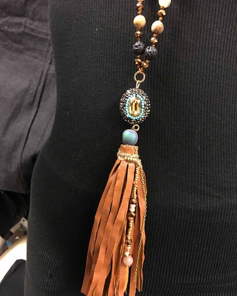 Braided Volcanic Tassel Necklace - Brown